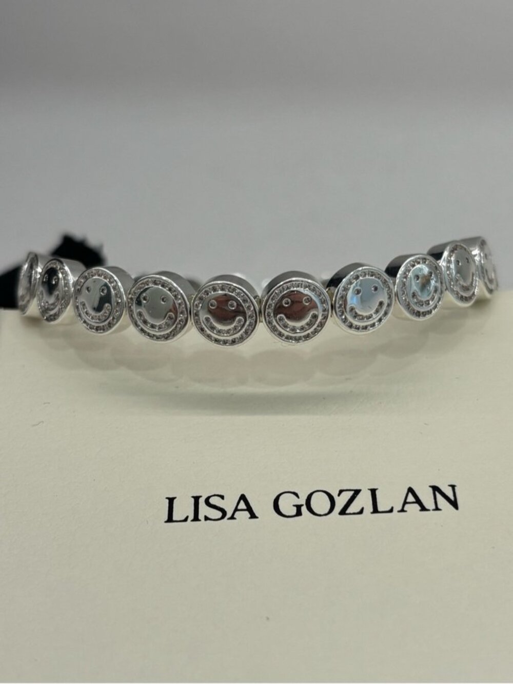 Lisa Gozlan Silver Bezel CZ Smiley Face Elastic Tennis Bracelet 8”